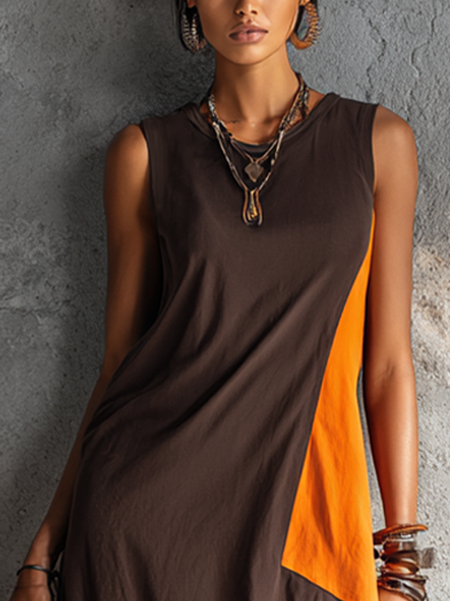 Women's Casual Style Dark Brown And Bright Orange Color-Blocked Cotton Blend Sleeveless Irregular Patchwork Long Dress