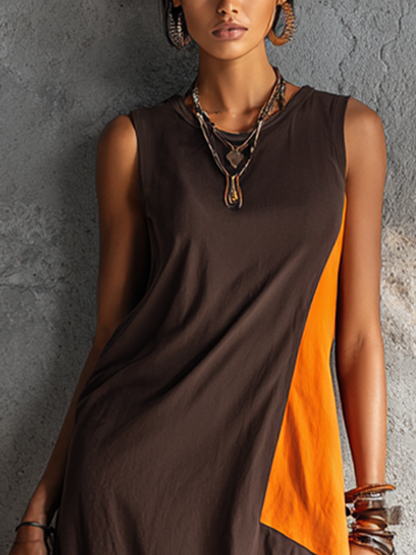 Women's Casual Style Dark Brown And Bright Orange Color-Blocked Cotton Blend Sleeveless Irregular Patchwork Long Dress