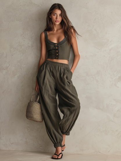 Women's Casual Grey-green Woven Sleeveless Top Paired With Trousers.