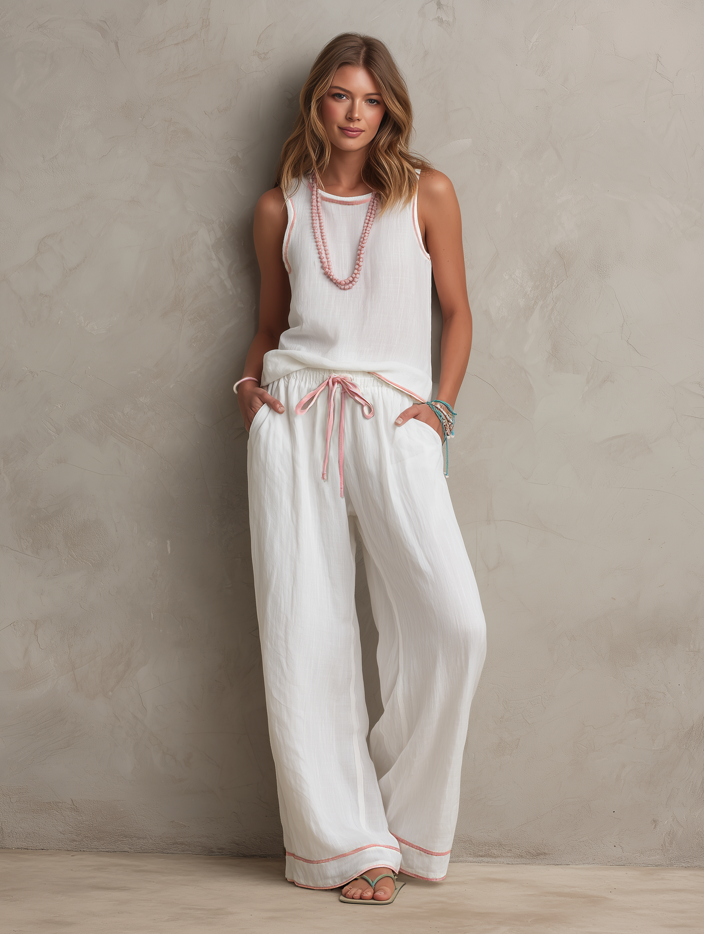 Women's Casual White And Pink Cotton-linen Sleeveless Round-neck Top Paired With Trousers