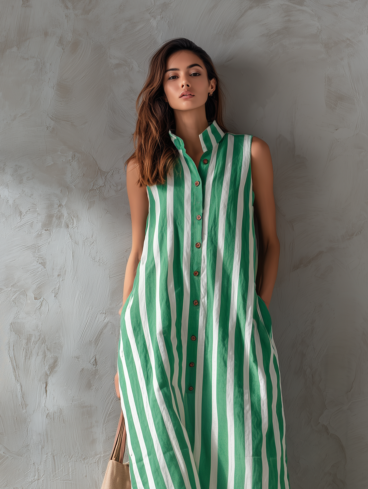 Women's Casual Sleeveless Maxi Dress With A White And Green Striped Woven Print