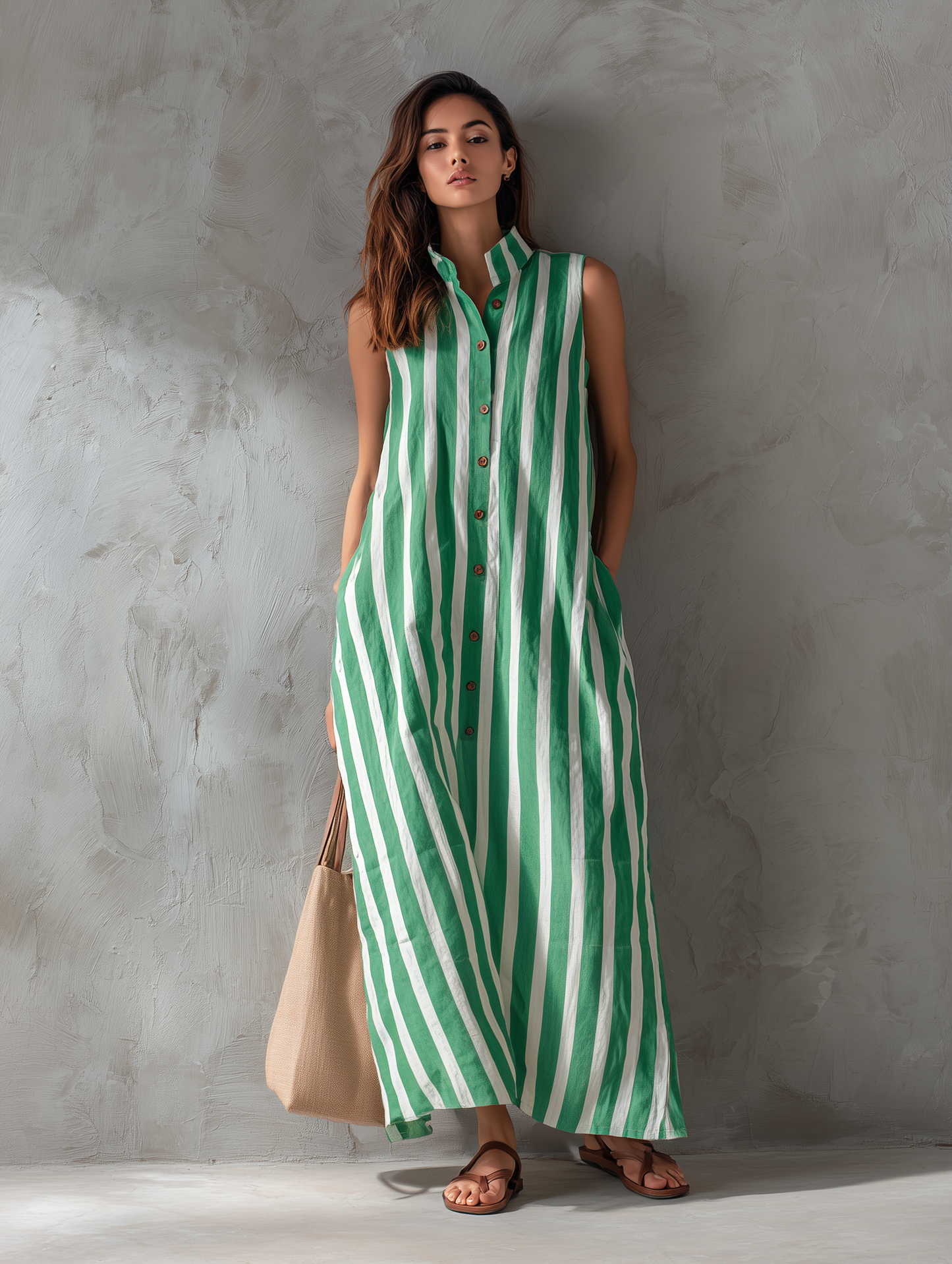 Women's Casual Sleeveless Maxi Dress With A White And Green Striped Woven Print