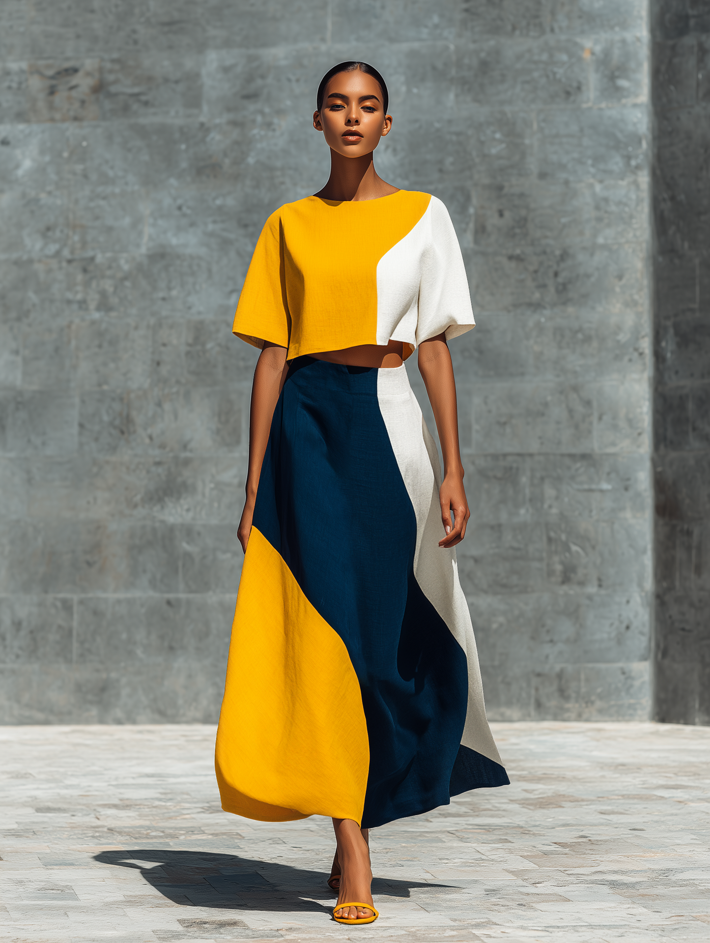 Women’s Color Block Linen Round Neck Puff Sleeve Crop Top & High Waist Asymmetric Color Block Midi Skirt Two-Piece Matching Set