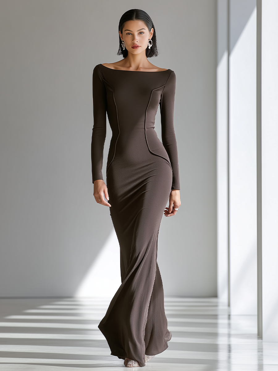 Women's Chocolate Brown Figure-Hugging Jersey Gown With Wide Boat Neck & Vertical Contour Seams, Contemporary Versatile Cocktail Floor Length Dress