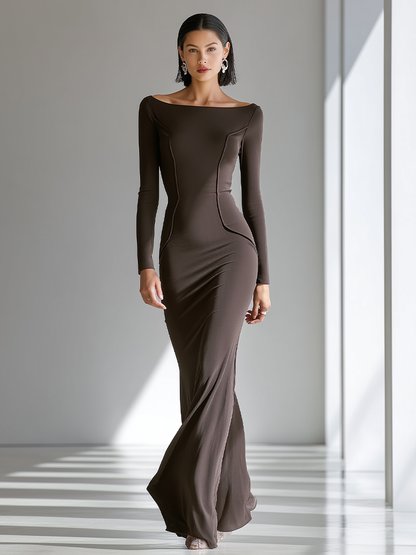 Women's Chocolate Brown Figure-Hugging Jersey Gown With Wide Boat Neck & Vertical Contour Seams, Contemporary Versatile Cocktail Floor Length Dress