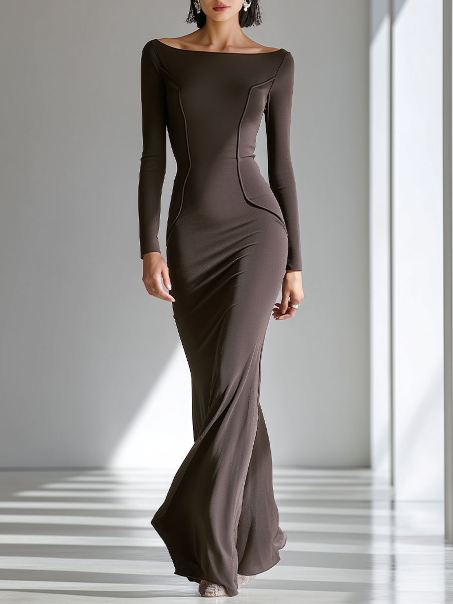 Women's Chocolate Brown Figure-Hugging Jersey Gown With Wide Boat Neck & Vertical Contour Seams, Contemporary Versatile Cocktail Floor Length Dress