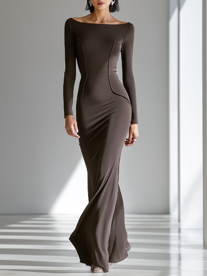 Women's Chocolate Brown Figure-Hugging Jersey Gown With Wide Boat Neck & Vertical Contour Seams, Contemporary Versatile Cocktail Floor Length Dress
