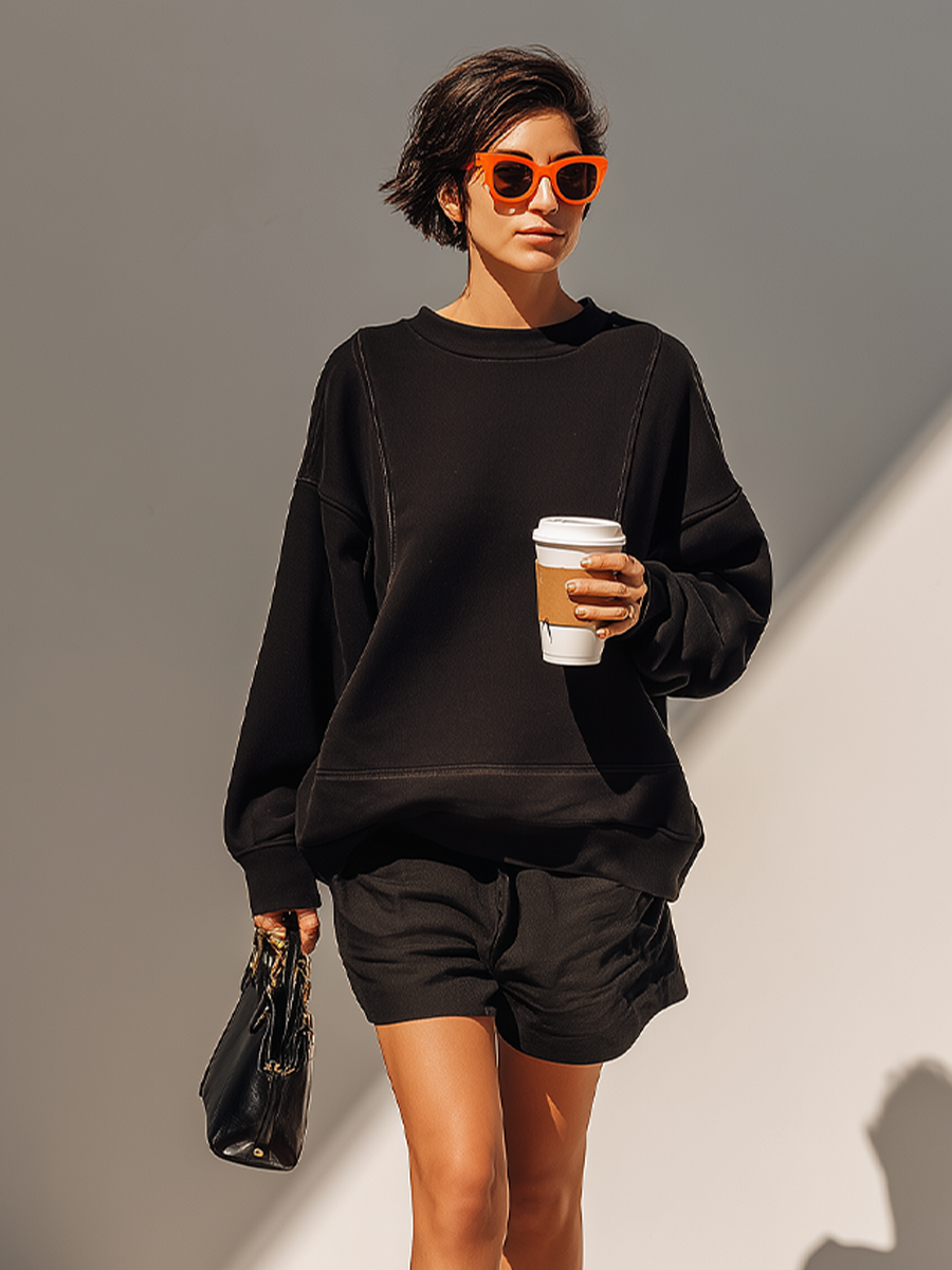Women's Solid Black Cotton Fabric Co-Ord With Long Sleeve Loose Sweat Top & Relaxed Fit Casual Shorts, Modern Effortless-Chic Daily Athleisure Outfit