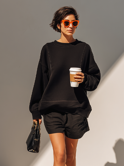 Women's Solid Black Cotton Fabric Co-Ord With Long Sleeve Loose Sweat Top & Relaxed Fit Casual Shorts, Modern Effortless-Chic Daily Athleisure Outfit