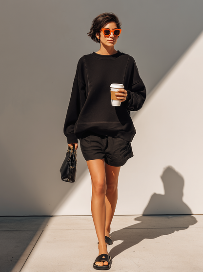 Women's Solid Black Cotton Fabric Co-Ord With Long Sleeve Loose Sweat Top & Relaxed Fit Casual Shorts, Modern Effortless-Chic Daily Athleisure Outfit