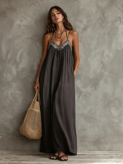Women's Casual Dark Grey Woven V-neck Maxi Dress Featuring Sequined Camisole-style Splicing