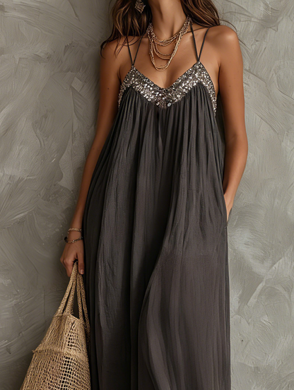 Women's Casual Dark Grey Woven V-neck Maxi Dress Featuring Sequined Camisole-style Splicing