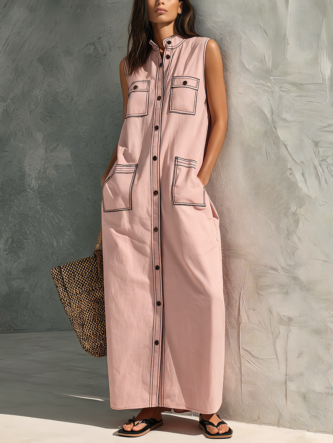Women's Casual Pink Woven Sleeveless Maxi Dress