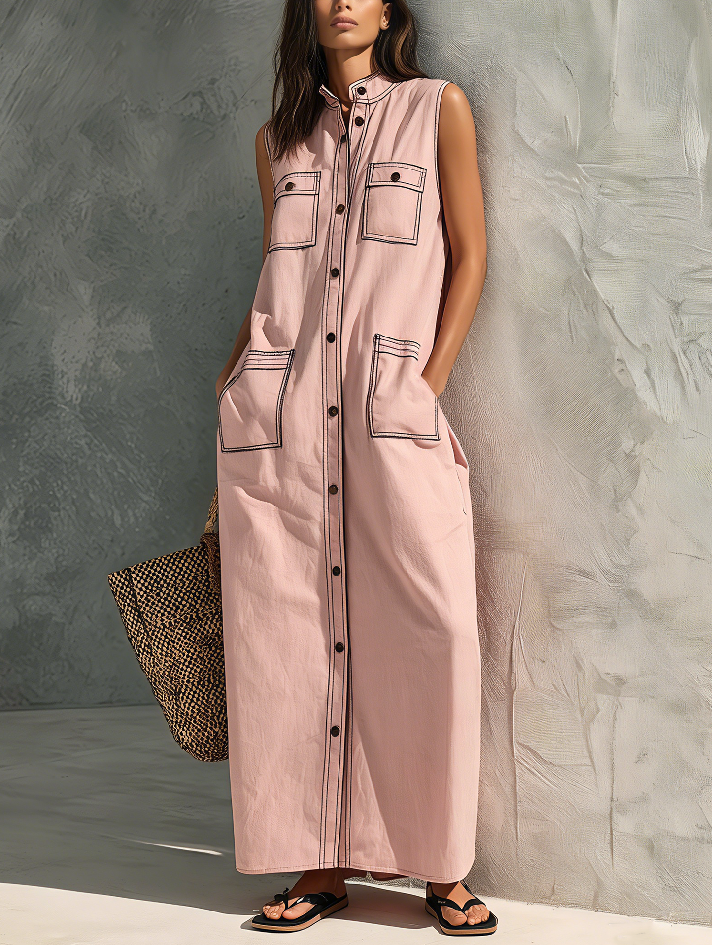 Women's Casual Pink Woven Sleeveless Maxi Dress