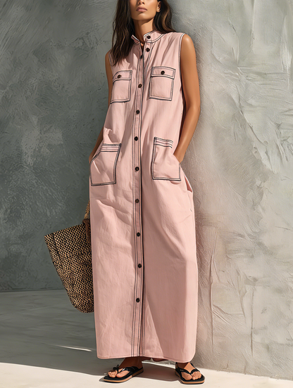 Women's Casual Pink Woven Sleeveless Maxi Dress