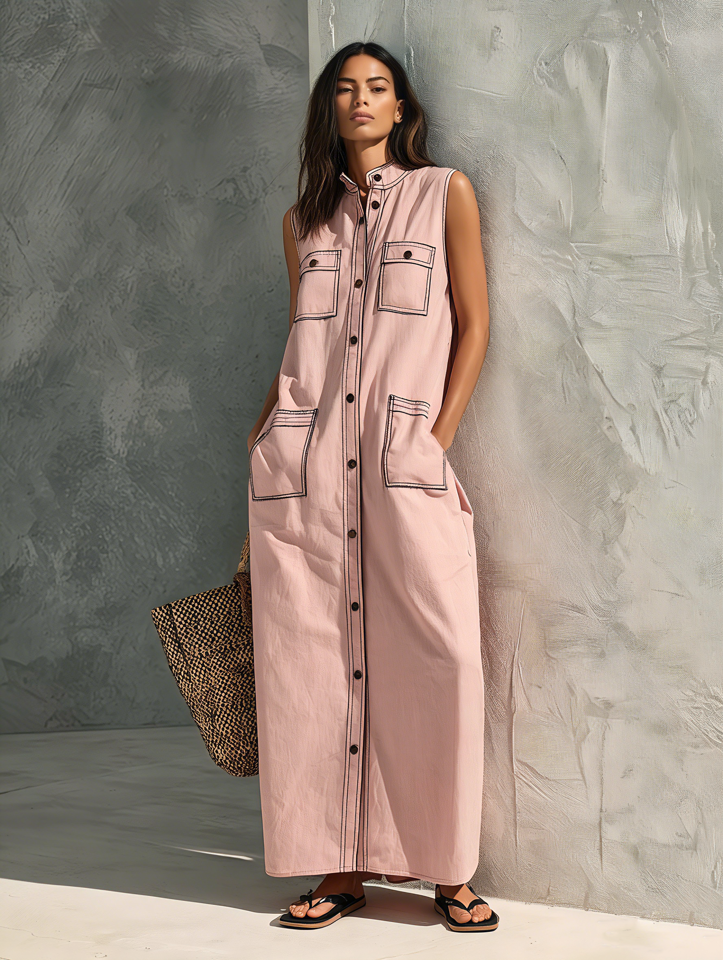 Women's Casual Pink Woven Sleeveless Maxi Dress