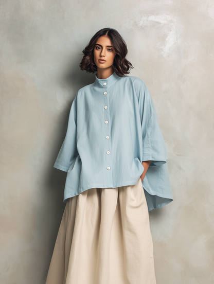 Women's Casual Light Blue Cotton-linen Long-sleeve Shirt Paired With A Khaki Cotton-linen Skirt