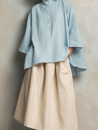 Women's Casual Light Blue Cotton-linen Long-sleeve Shirt Paired With A Khaki Cotton-linen Skirt
