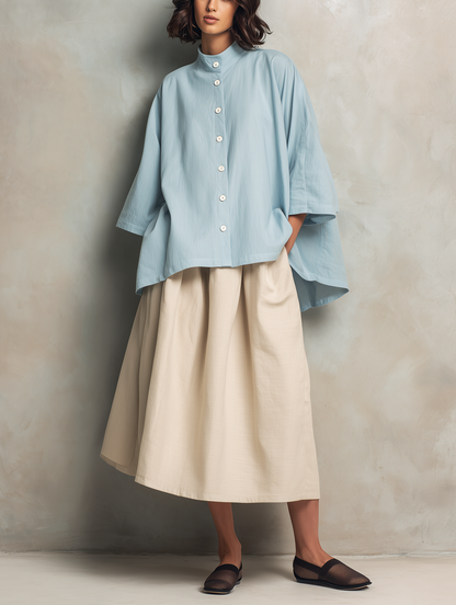 Women's Casual Light Blue Cotton-linen Long-sleeve Shirt Paired With A Khaki Cotton-linen Skirt