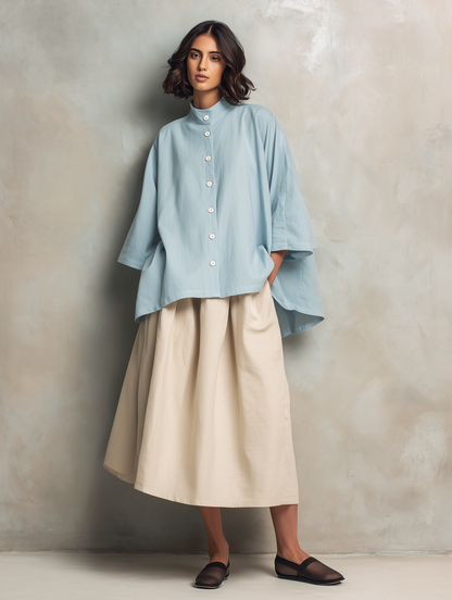 Women's Casual Light Blue Cotton-linen Long-sleeve Shirt Paired With A Khaki Cotton-linen Skirt