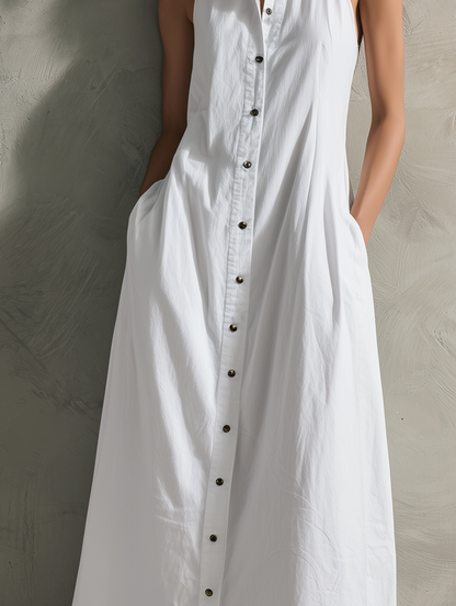 Women's Casual White Woven Sleeveless Collared Maxi Dress