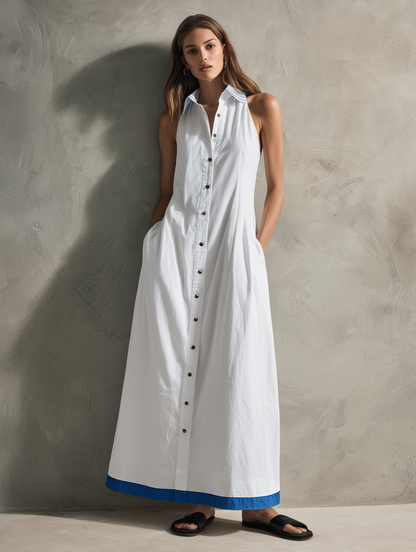 Women's Casual White Woven Sleeveless Collared Maxi Dress