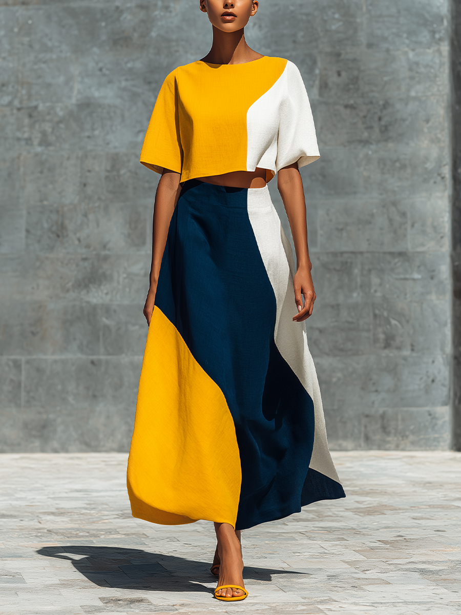 Women’s Color Block Linen Round Neck Puff Sleeve Crop Top & High Waist Asymmetric Color Block Midi Skirt Two-Piece Matching Set