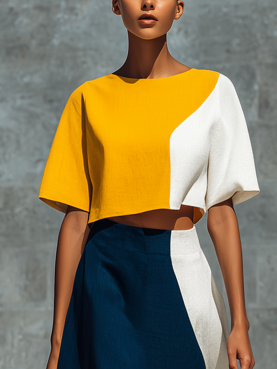 Women’s Color Block Linen Round Neck Puff Sleeve Crop Top & High Waist Asymmetric Color Block Midi Skirt Two-Piece Matching Set