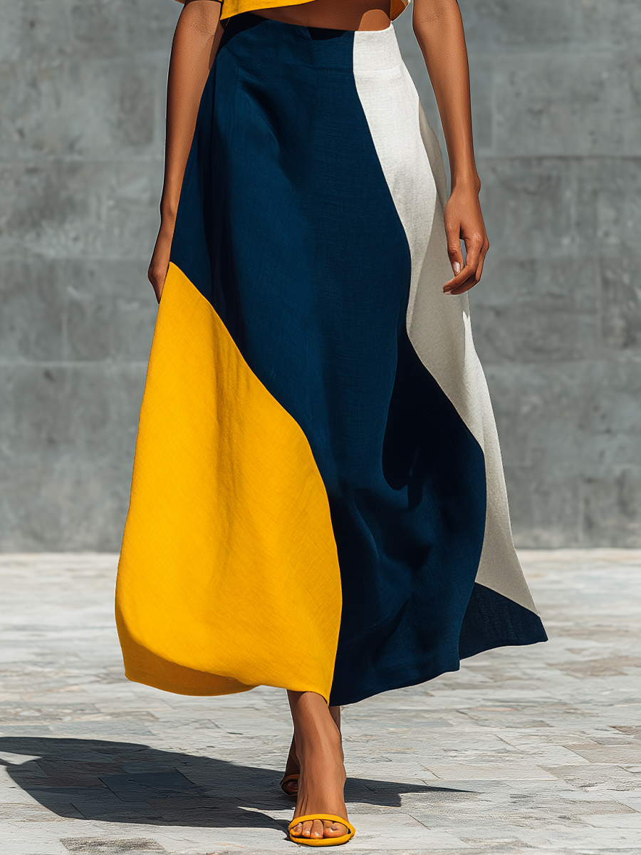 Women’s Color Block Linen Round Neck Puff Sleeve Crop Top & High Waist Asymmetric Color Block Midi Skirt Two-Piece Matching Set