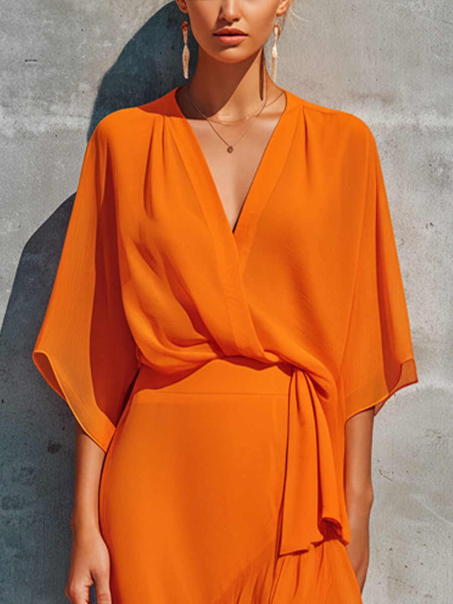 Women's Orange Chiffon Wrap Top And Asymmetric Ruffled Midi Skirt Set