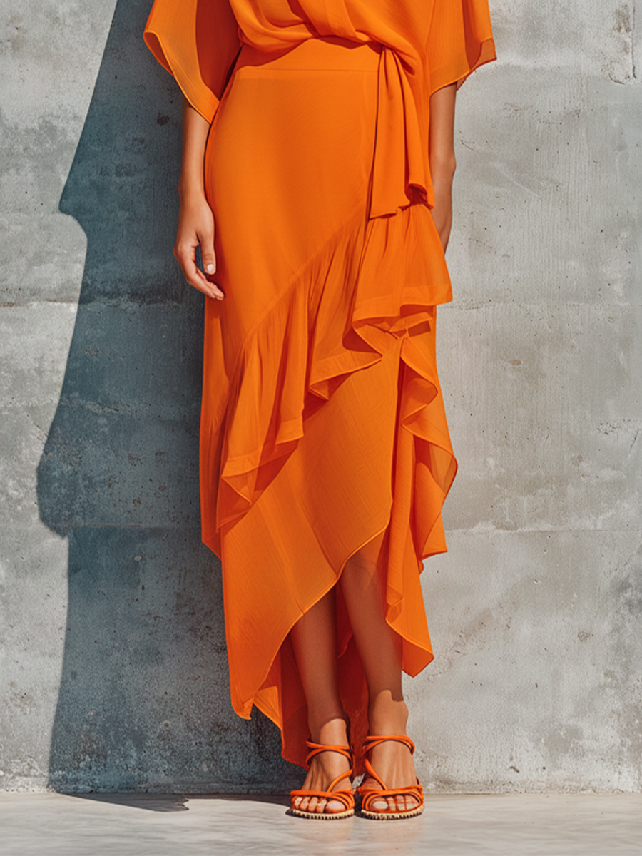 Women's Orange Chiffon Wrap Top And Asymmetric Ruffled Midi Skirt Set