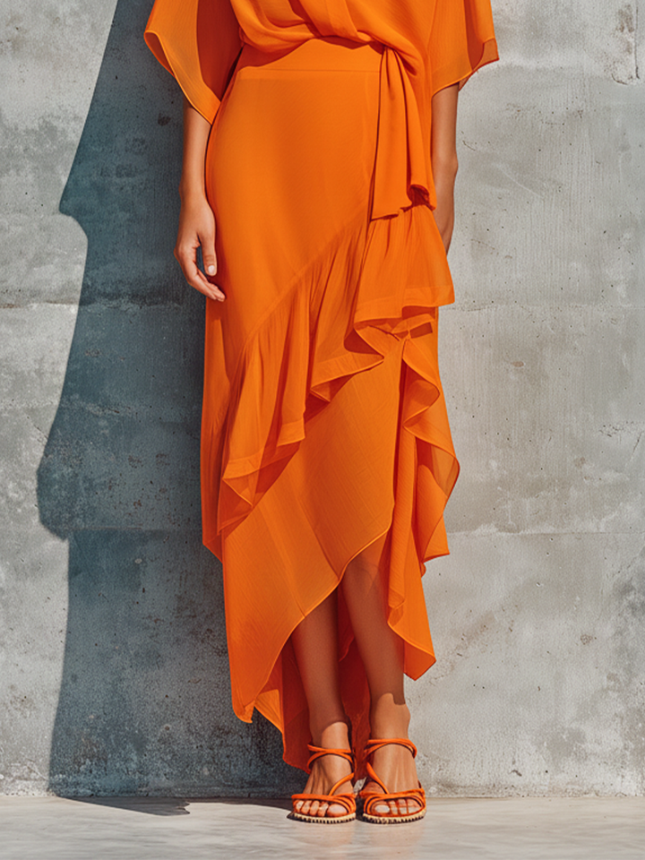 Women's Orange Chiffon Wrap Top And Asymmetric Ruffled Midi Skirt Set