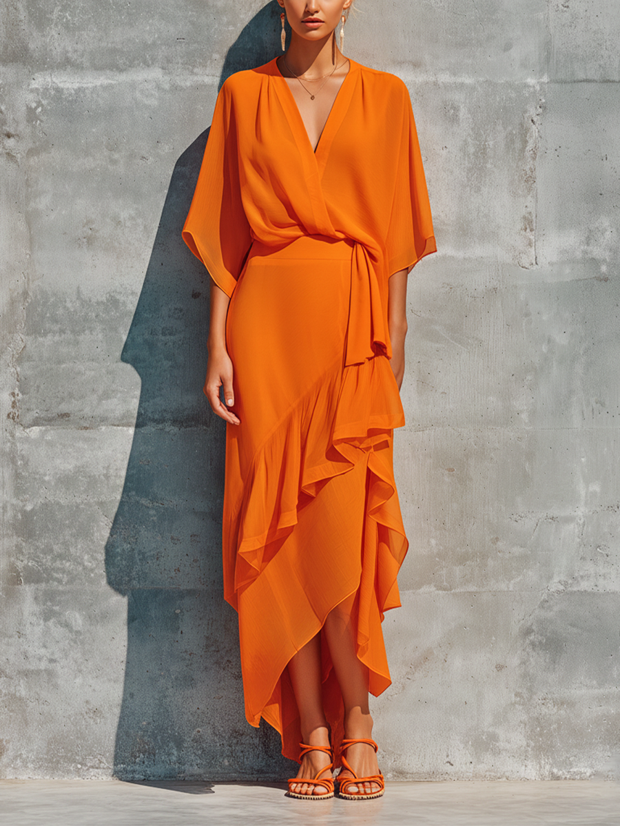 Women's Orange Chiffon Wrap Top And Asymmetric Ruffled Midi Skirt Set
