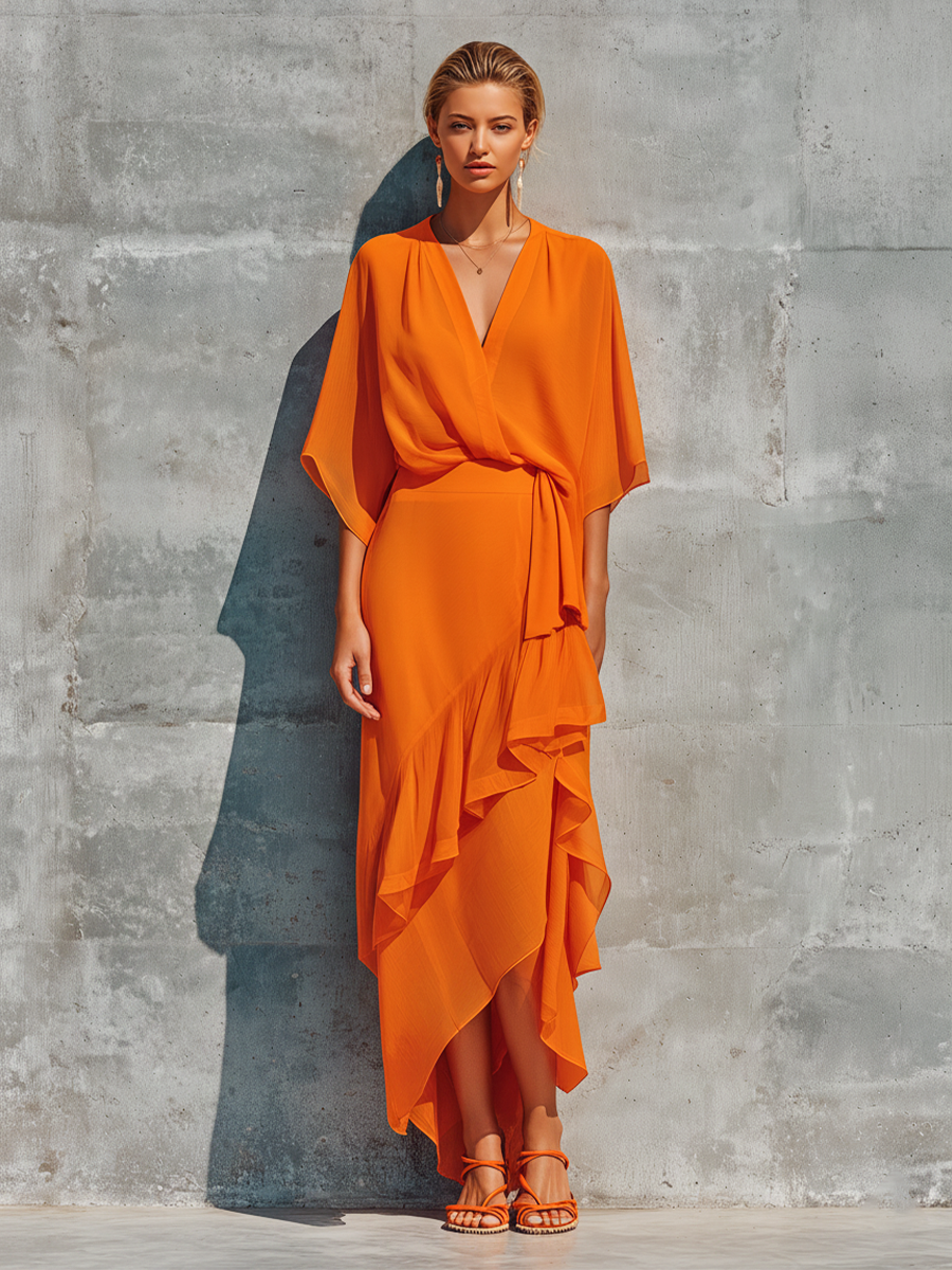 Women's Orange Chiffon Wrap Top And Asymmetric Ruffled Midi Skirt Set