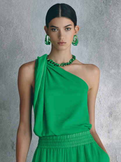 Women's Minimalist Commuter Bright Green Cotton Blend Elastic Waist Twisted One-Shoulder Wide-Leg Long Two-Piece Set