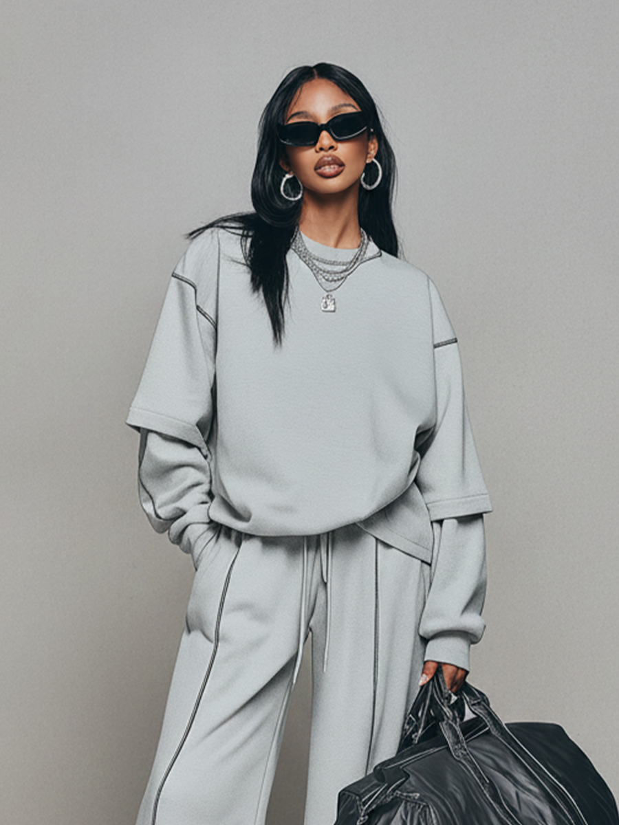 Women's Ash Gray Knit Co-Ord With Oversized Crew Neck Layered Top & Drawstring Waist Stitch Trim Trousers, Modern Loose Athleisure Daily Outfit