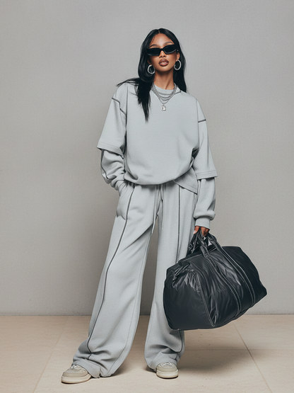 Women's Ash Gray Knit Co-Ord With Oversized Crew Neck Layered Top & Drawstring Waist Stitch Trim Trousers, Modern Loose Athleisure Daily Outfit