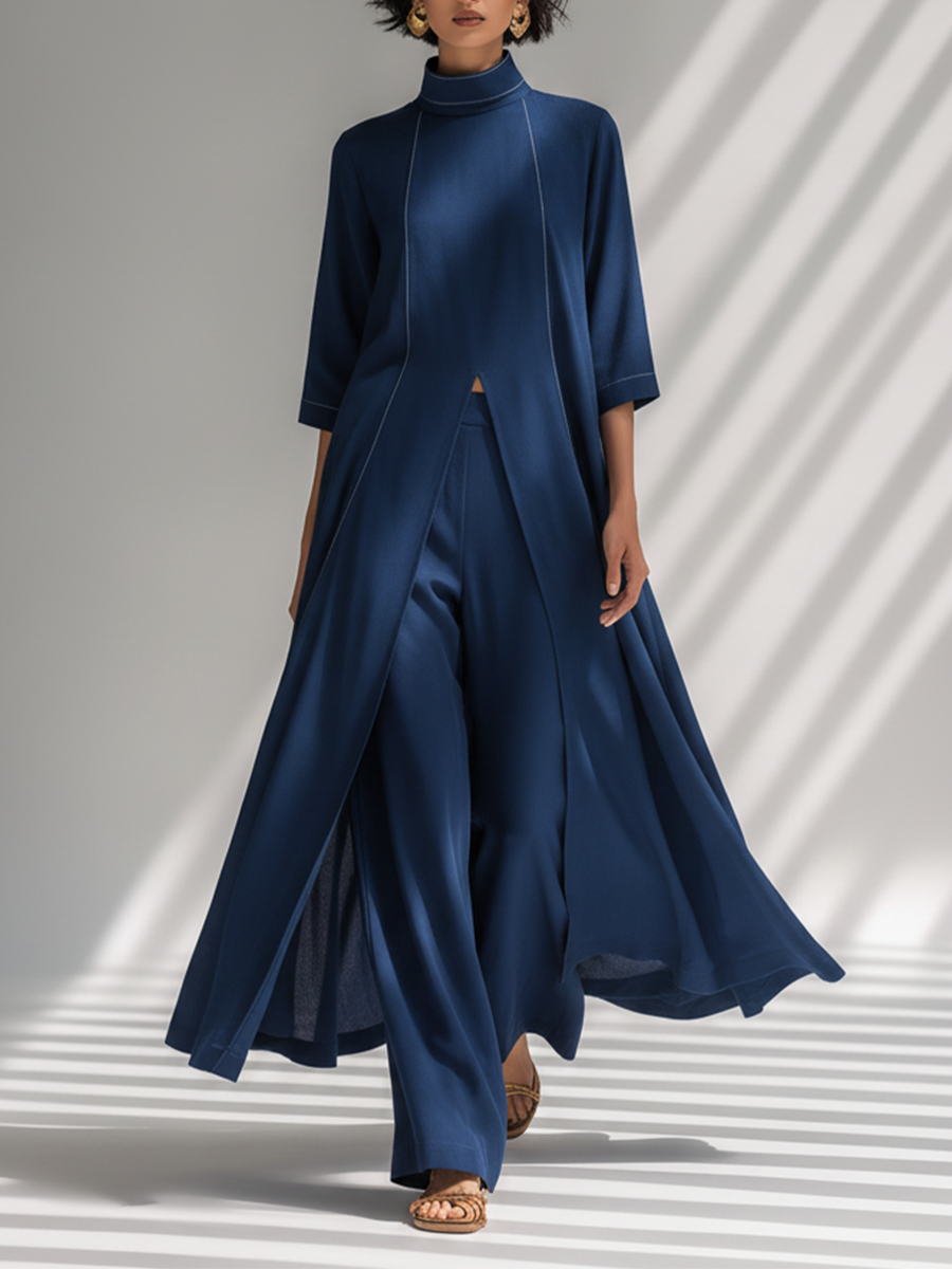 Women's Navy Blue Light Chiffon Co-Ord With Contrast White Stitch Seam Tunic & High Waist Flowy Trousers, Modern Effortless-Chic Smart Casual Two-Piece Set