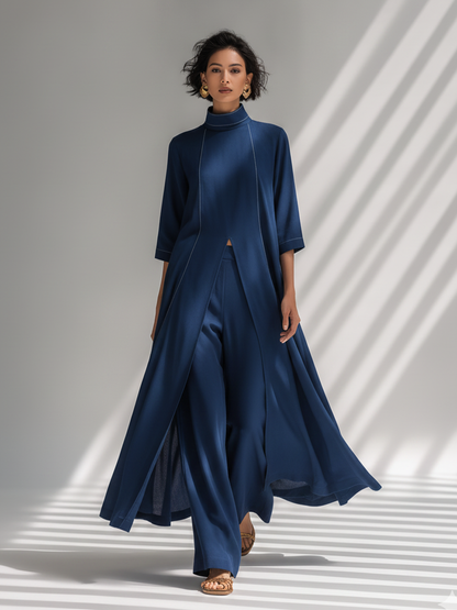 Women's Navy Blue Light Chiffon Co-Ord With Contrast White Stitch Seam Tunic & High Waist Flowy Trousers, Modern Effortless-Chic Smart Casual Two-Piece Set