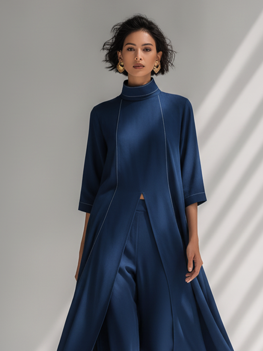 Women's Navy Blue Light Chiffon Co-Ord With Contrast White Stitch Seam Tunic & High Waist Flowy Trousers, Modern Effortless-Chic Smart Casual Two-Piece Set
