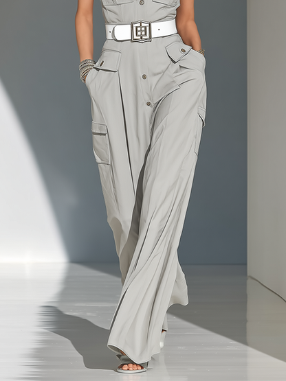 Women's Light Gray Woven Cargo Jumpsuit With Cutout Shoulder Flap Pockets & Stand Collar Button Front ( Without Belt)