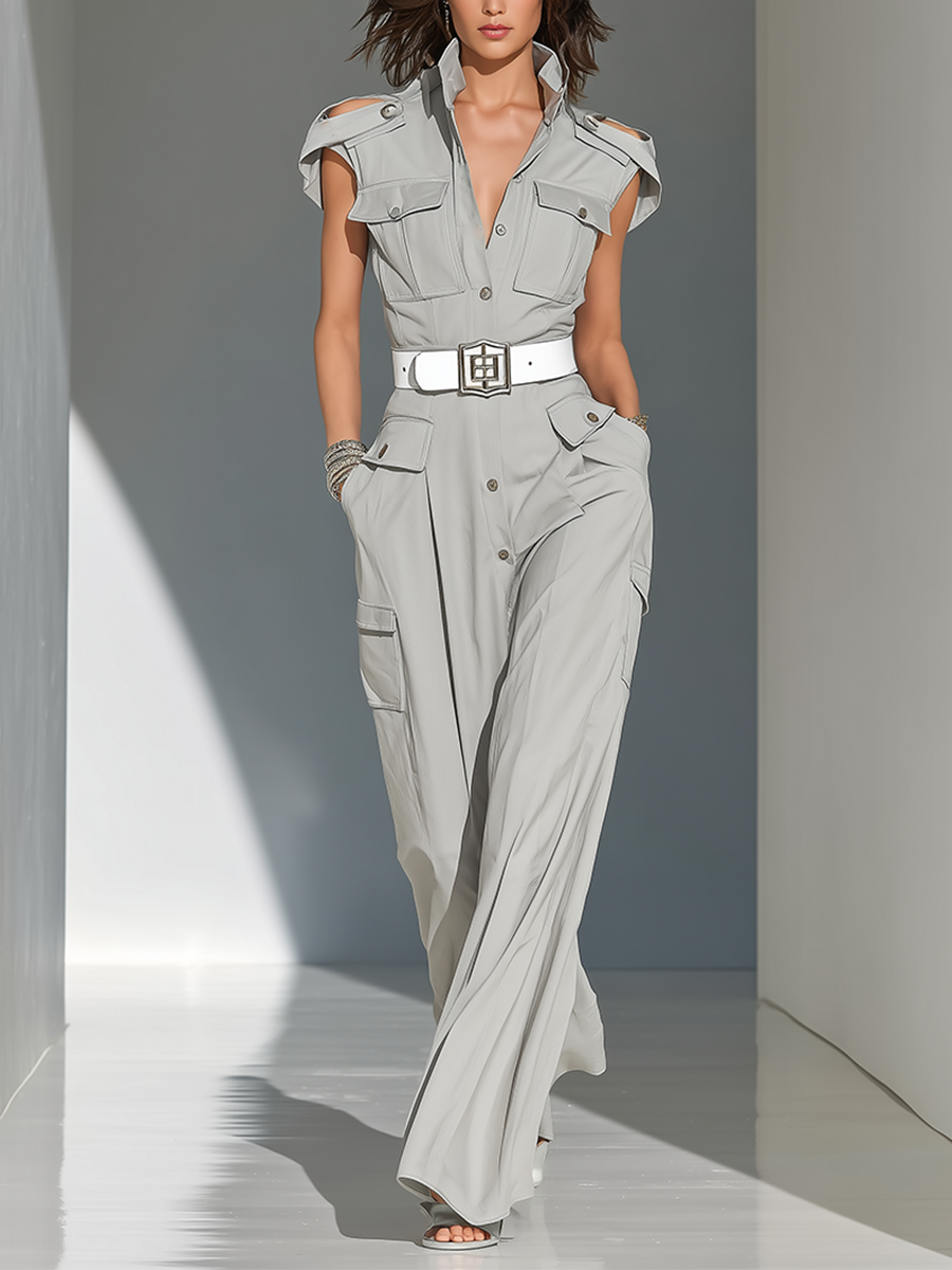 Women's Light Gray Woven Cargo Jumpsuit With Cutout Shoulder Flap Pockets & Stand Collar Button Front ( Without Belt)
