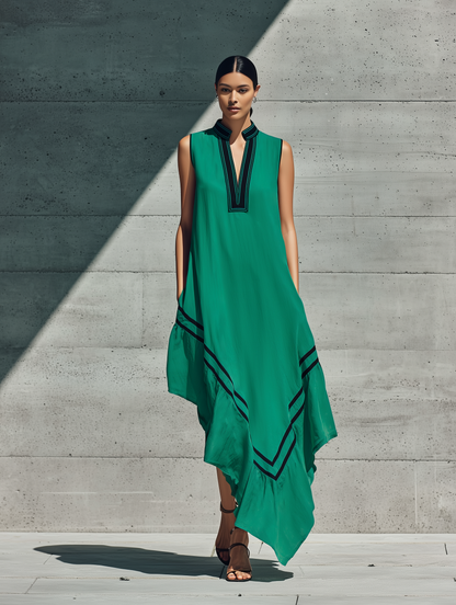 Women’s Emerald Green Stand Collar V Notch Black Contrast Piping Sleeveless Loose Asymmetric Ruffle Hem Maxi Dress
