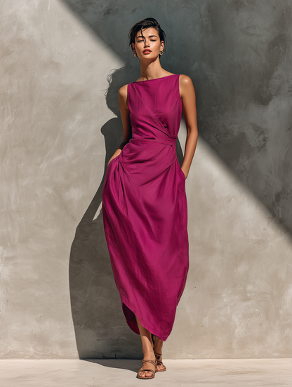 Women’s Fuchsia Linen Sleeveless Boat Neck Cross Asymmetric Hem Midi Dress With Side Pockets