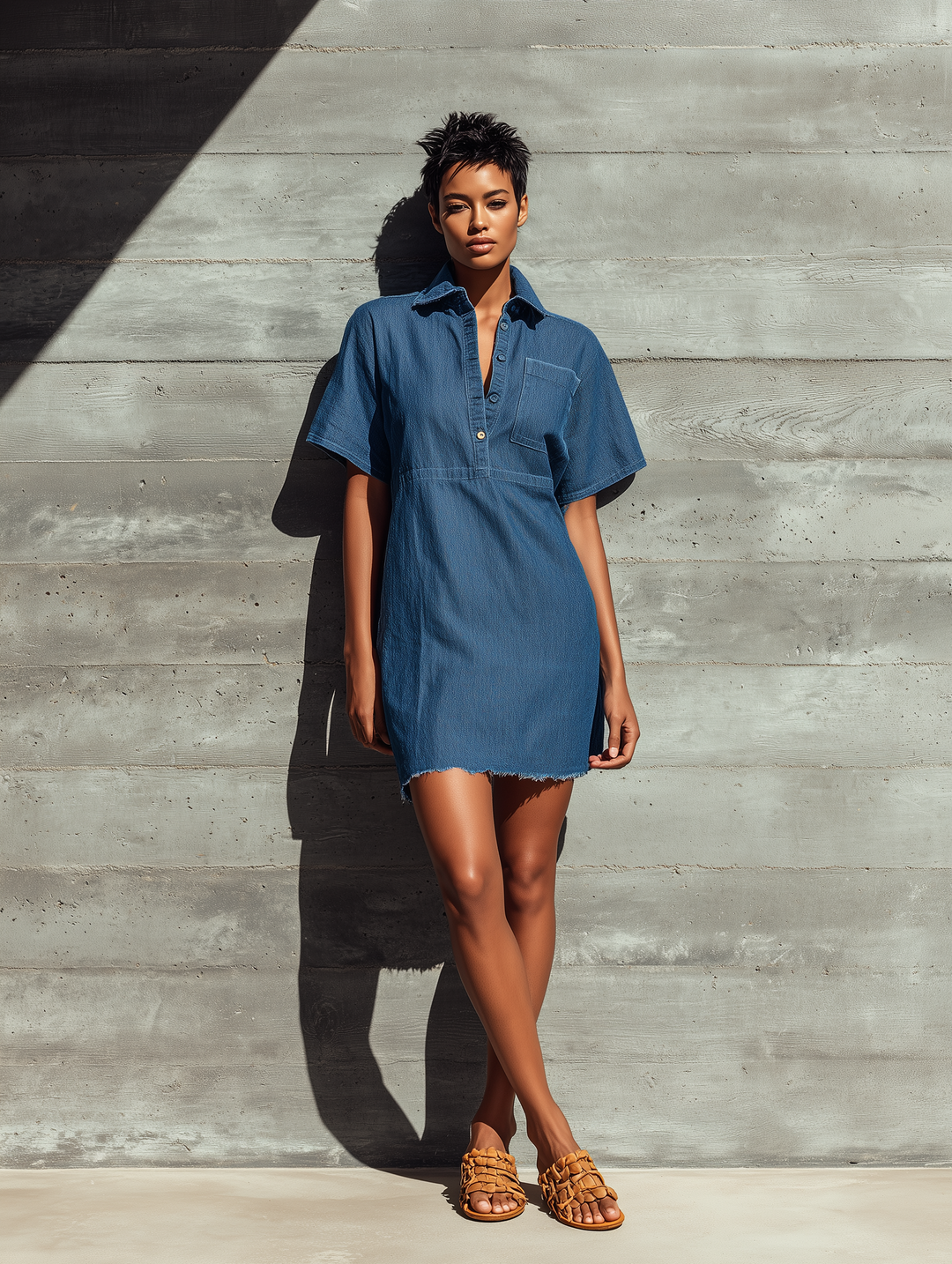 Women’s Vintage Blue Denim Collar Half Button Down Pocket Loose Frayed Hem Mini Shirt Dress