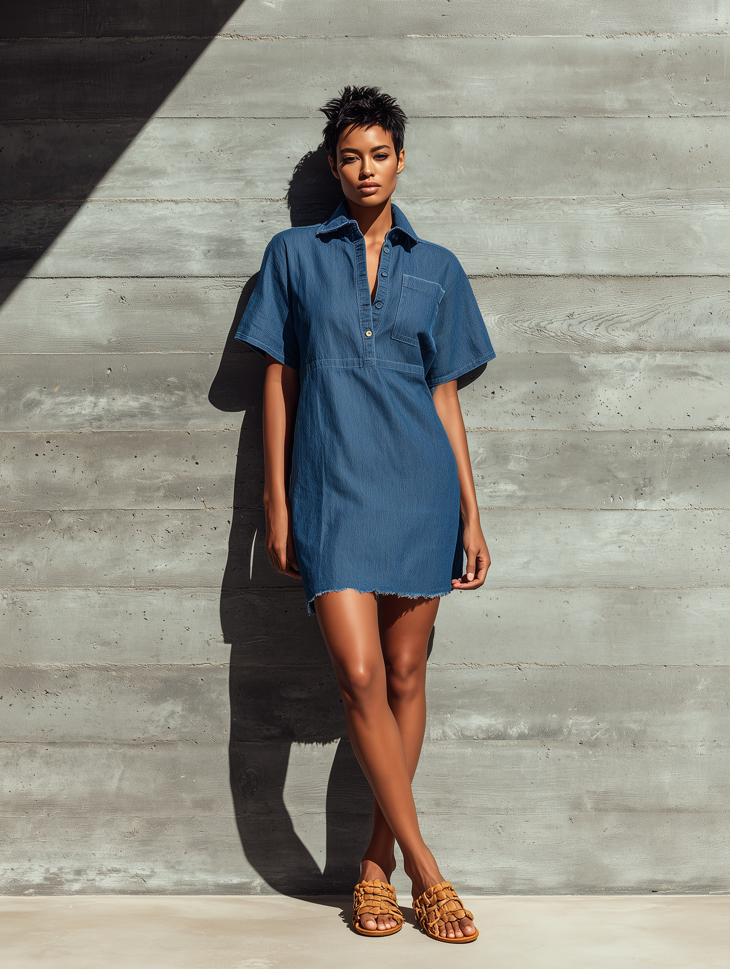 Women’s Vintage Blue Denim Collar Half Button Down Pocket Loose Frayed Hem Mini Shirt Dress