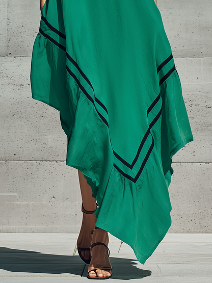 Women’s Emerald Green Stand Collar V Notch Black Contrast Piping Sleeveless Loose Asymmetric Ruffle Hem Maxi Dress