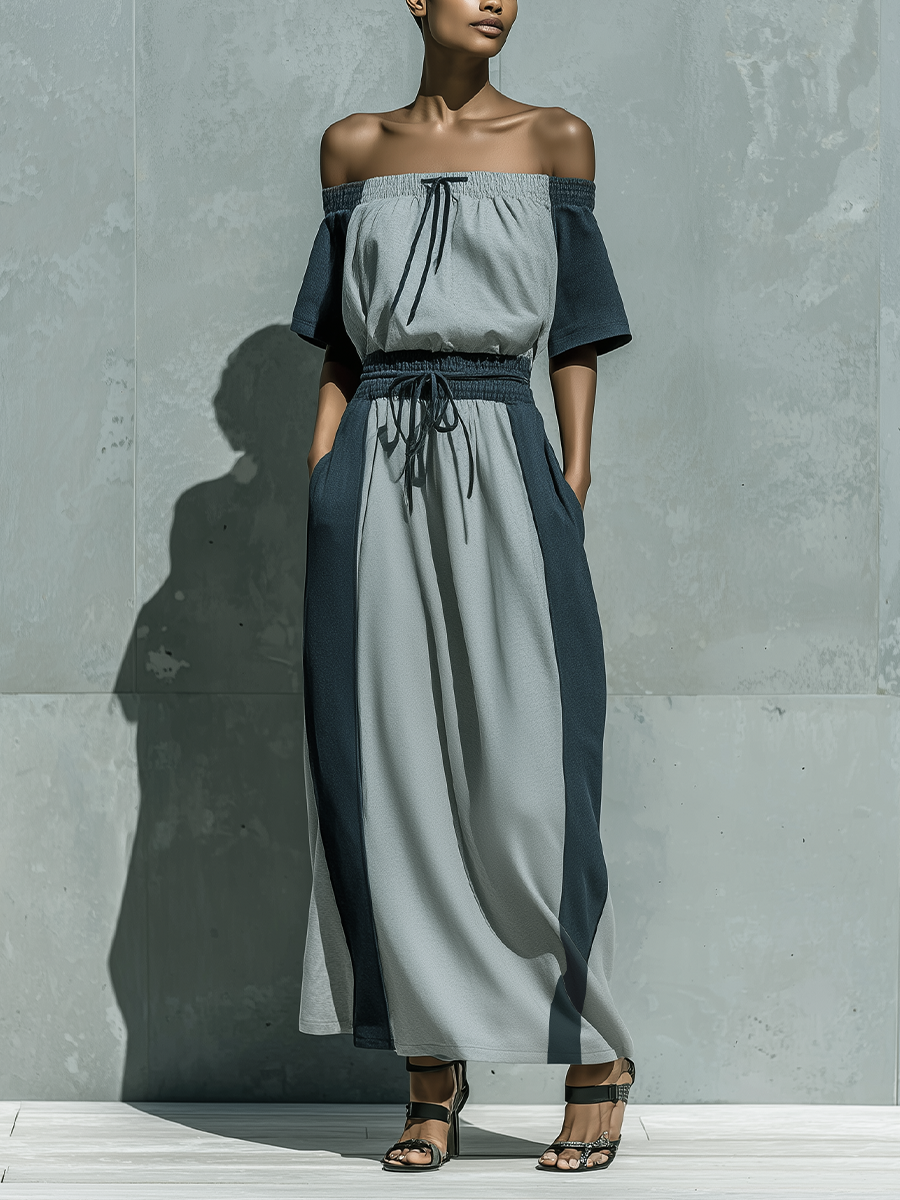 Women’s Two Tone Grey Off The Shoulder Short Sleeve Drawstring Waist Color Block Loose Maxi Dress With Side Pockets