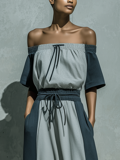 Women’s Two Tone Grey Off The Shoulder Short Sleeve Drawstring Waist Color Block Loose Maxi Dress With Side Pockets