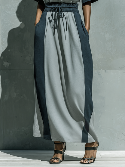 Women’s Two Tone Grey Off The Shoulder Short Sleeve Drawstring Waist Color Block Loose Maxi Dress With Side Pockets
